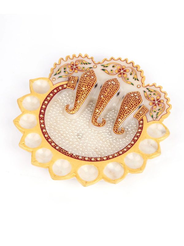 Decorative Pooja Plate With 11 Diya Holders And Central Elephant Design Pattern - Image 2