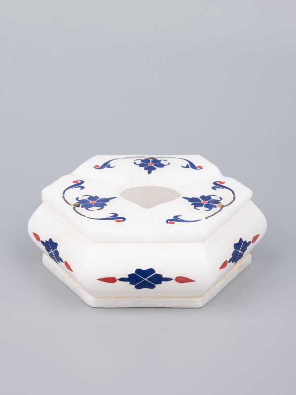 Hexagonal marble Ashtray with blue flower inlay work - Image 4