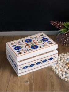White Marble Jewellery Box with Intricate Carving and Inlay work