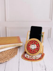 Marble mobile holder with clock - Red and Gold motifs