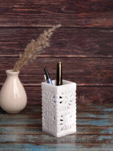 White marble crafted pen holder