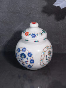 Solid Marble Crafted Vaastu Kalash with Lid and Colorful Inlay Work