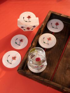Red flower 6 pcs marble coaster set with stand