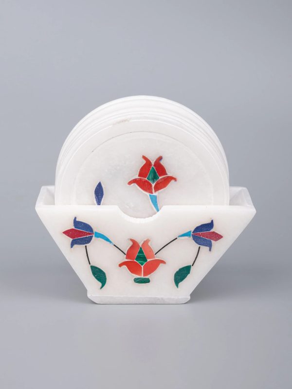 Red flower 6 pcs marble coaster set with stand - Image 4