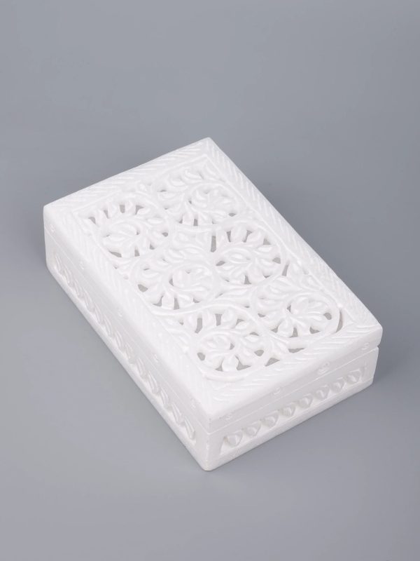 White Marble Jewellery Box with Jali Carving Assorted Design - Image 3