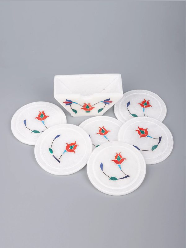 Red flower 6 pcs marble coaster set with stand - Image 2