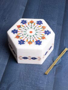 Colorful hexagonal marble jewellery box with heavy inlay work