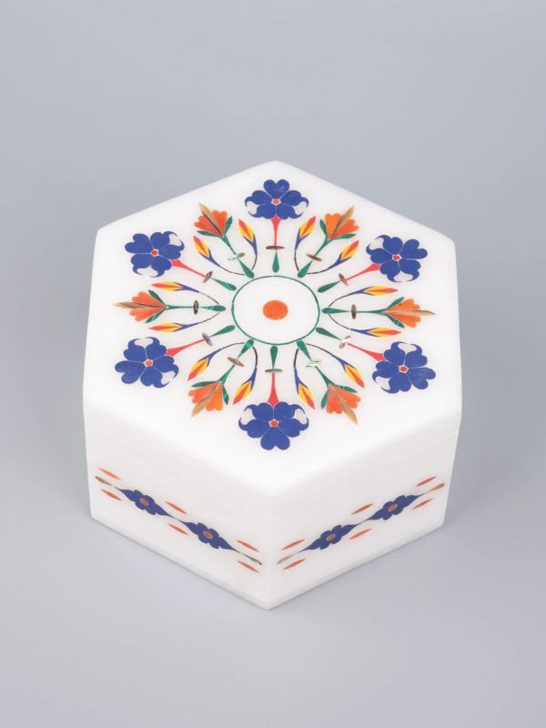 Colorful hexagonal marble jewellery box with heavy inlay work - Image 2
