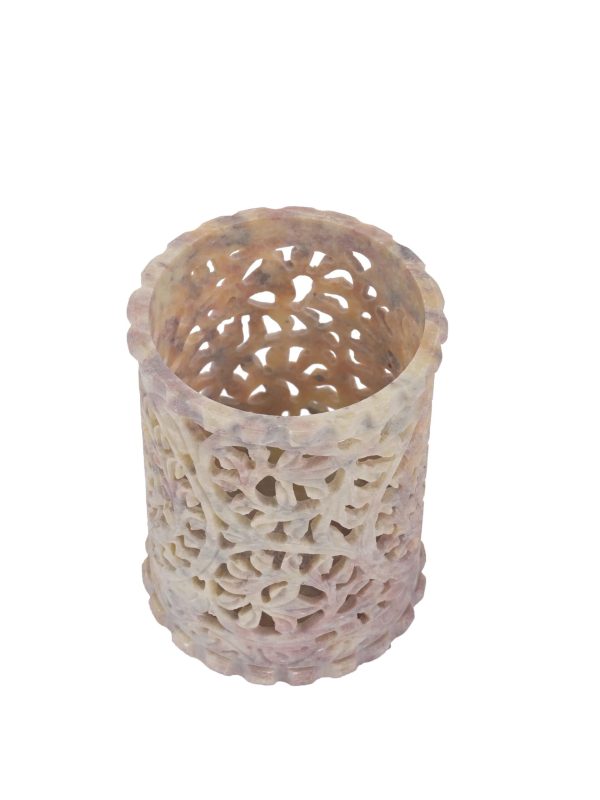 Beige soapstone pen stand with flowers - Image 8