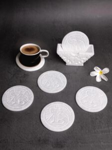 Marble hand carved set of 6 white coasters with stand in pure white color