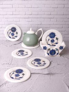 Blue flower 6 pcs marble coaster set with stand