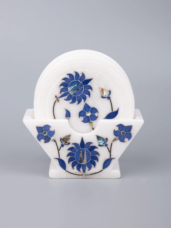 Blue flower 6 pcs marble coaster set with stand - Image 4