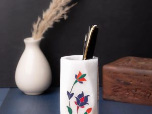 White marble pen stand with inlay work