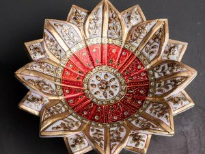 marble lotus plate painted in red and gold color
