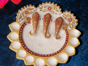Decorative Pooja Plate With 11 Diya Holders And Central Elephant Design Pattern