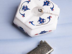Hexagonal marble Ashtray with blue flower inlay work