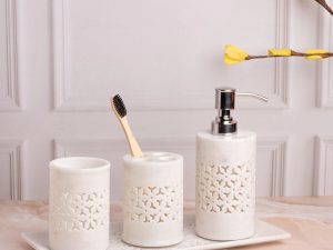White marble bathroom accessories set handcrafted