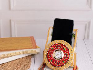 Marble mobile holder with clock - Red and Gold motifs