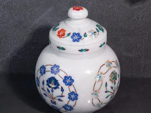 Solid Marble Crafted Vaastu Kalash with Lid and Colorful Inlay Work